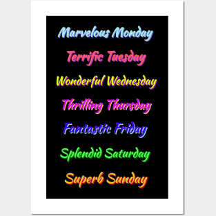 Colorful Days of the Week. Multicolor Fun, Positive, Uplifting Messages. Black Background. Posters and Art